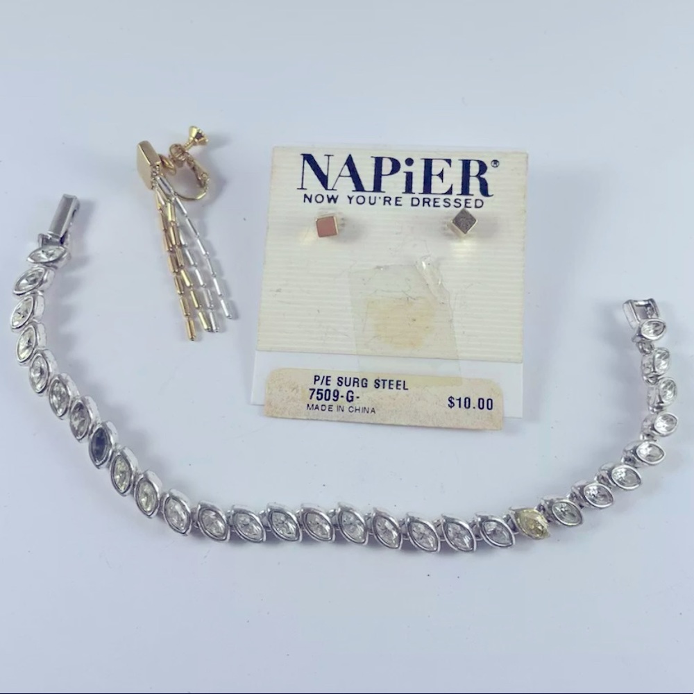 3 Pc Napier Lot Pair New Old Stock Earrings & 1 Single Tennis Crystal Bracelet